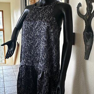 EUC Sleeveless Tank Draped A-Line Black Metallic Satin Floral Mini Dress